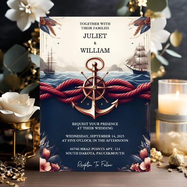 Now Rope Knot Boat Ship Navy Blue Nautical Wedding Invitation (Creator Uploaded)