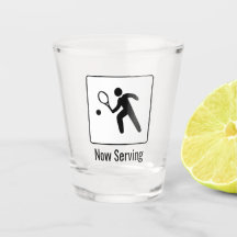 Now Serving! Tennis Player with Racquet and Text