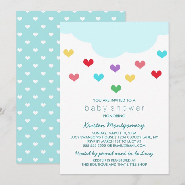Nuage de pluie & Coeurs | Invitation baby shower (Devant / Derrière)