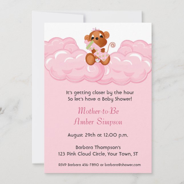 Nuages roses, invitation de baby shower de singe (Devant)