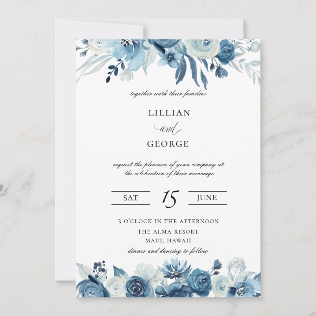 Nuances de Faire-part de mariage floral bleu (Devant)