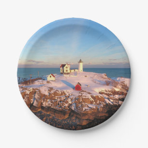 Nubble Light Aerial Snowy Maine Lighthouse Paper Plate