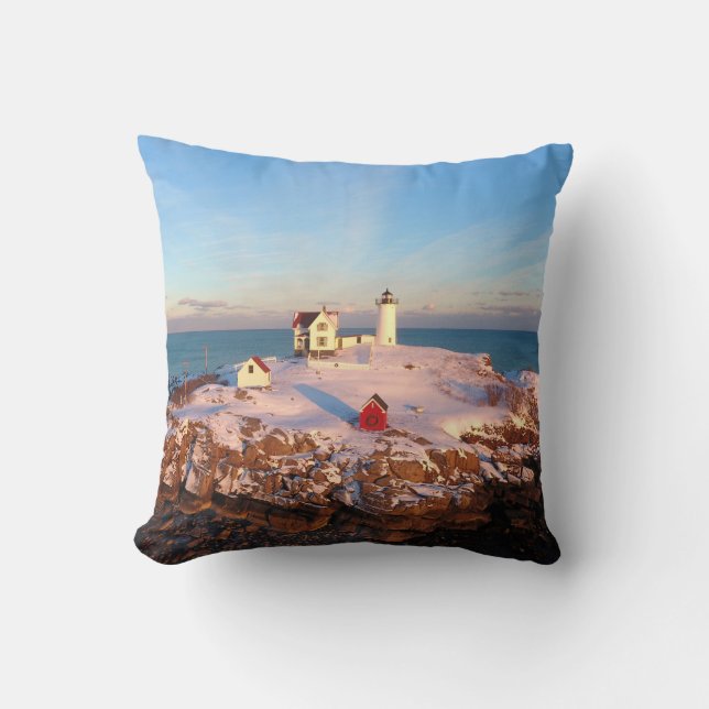 Nubble Light Aerial Snowy Maine Lighthouse Throw Pillow (Front)