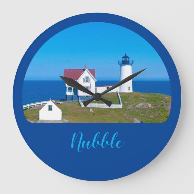 Nubble Light Blue Ocean Maine Lighthouse Large Clock (Front)