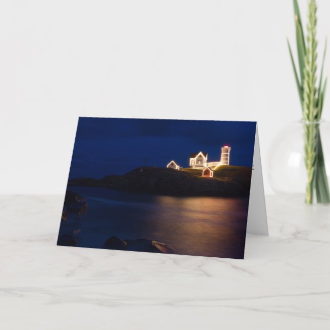 Nubble Light Decorated At Night Holiday Card (Front)
