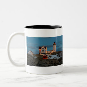 Nubble lighthouse at Christmas Two-Tone Coffee Mug