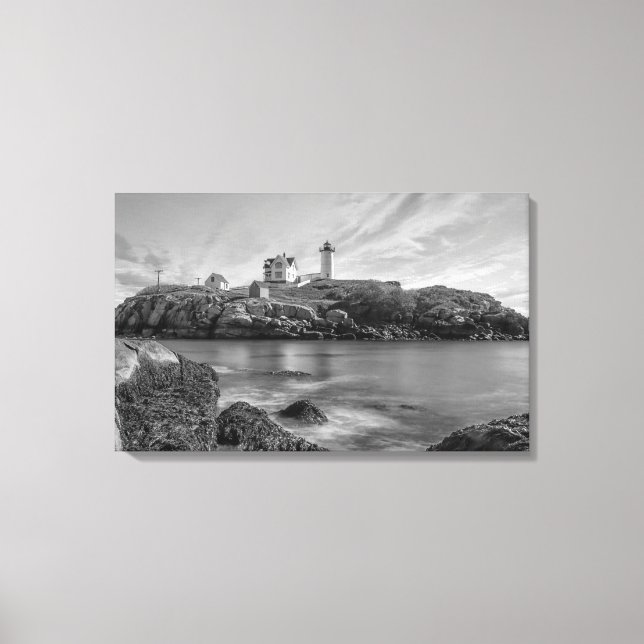 Nubble Lighthouse Black And White Canvas Print (Front)