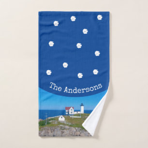 Nubble Lighthouse Blue White Coastal Holiday Hand Towel