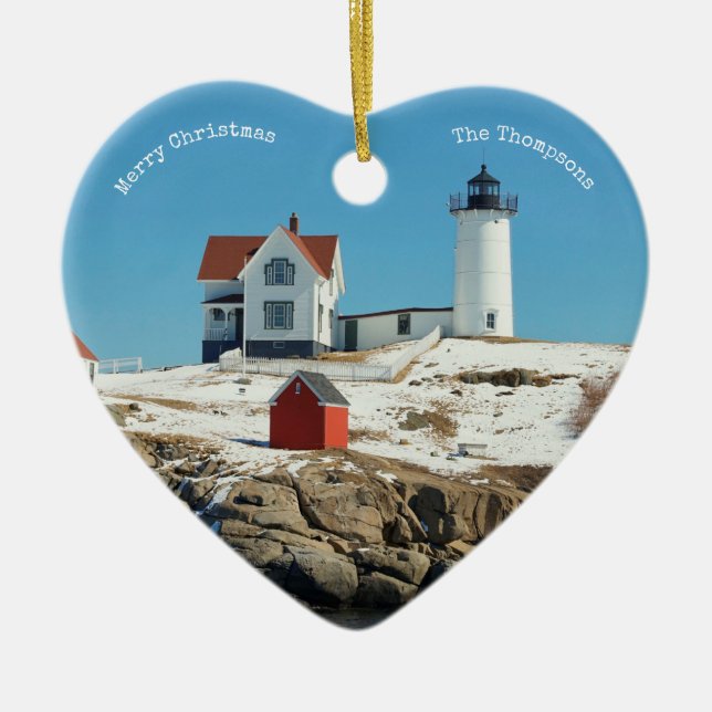 Nubble Lighthouse Family  Photo Ceramic Ornament (Front)