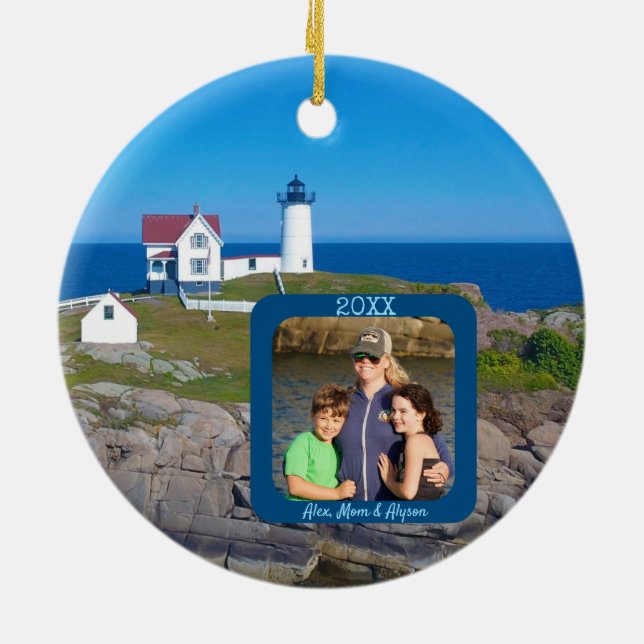 Nubble Lighthouse Family Photo Christmas Ceramic Ornament (Back)