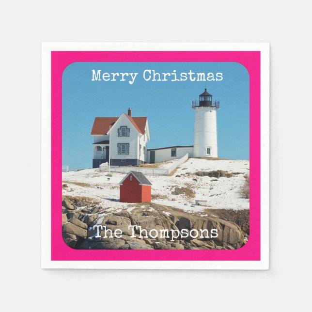 Nubble Merry Christmas Family Lighthouse Napkin (Front)