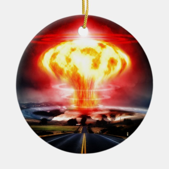 Nuclear explosion mushroom cloud illustration ceramic ornament (Front)