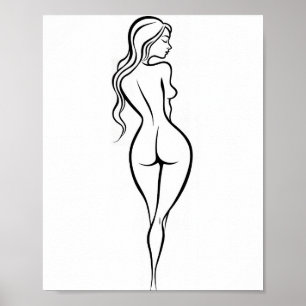 Nude Woman Back View Minimalist Line Art Sketch Poster