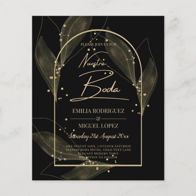 NUESTRA BODA Black Gold Leaves Wedding Invite Flyer (Front)