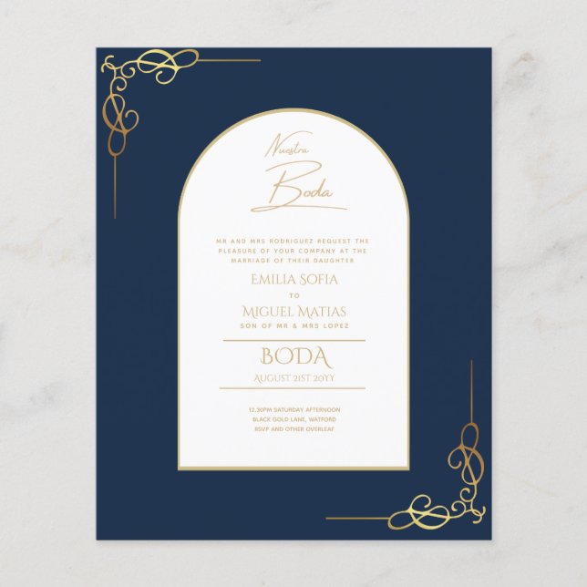Nuestra Boda Budget Gold Accent Bilingual Invite Flyer (Front)