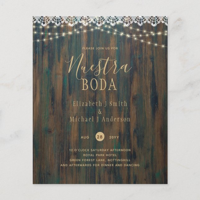 NUESTRA BODA BUDGET RUSTIC LIGHTS LACE INVITE FLYER (Front)