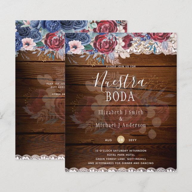 Nuestra Boda Burgundy Blue Floral Lace INVITE (Front/Back)
