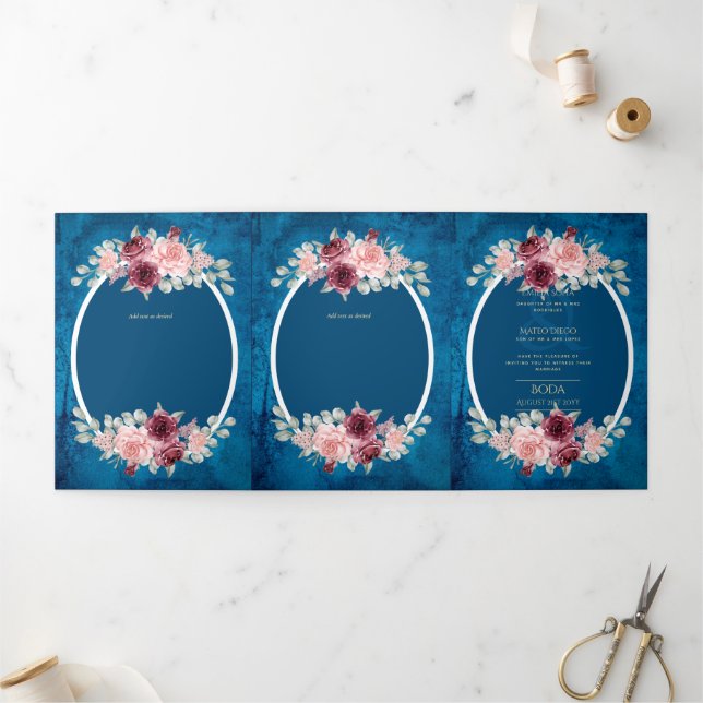 Nuestra Boda Burgundy Blue Floral Wedding Invite (Outside)