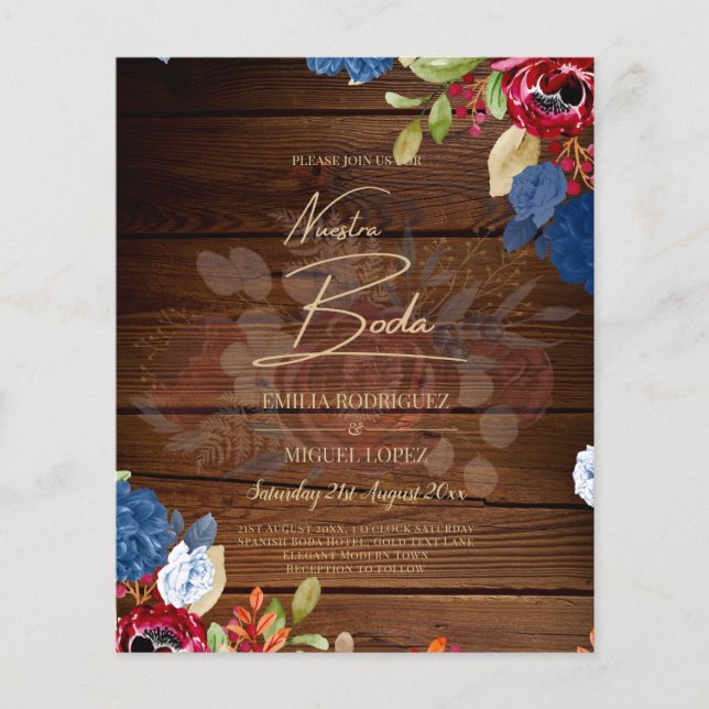 NUESTRA BODA Burgundy Blue Floral Wedding INVITE Flyer (Front)
