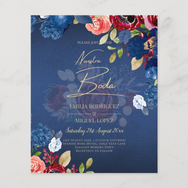 NUESTRA BODA Burgundy Blue Floral Wedding INVITE Flyer (Front)