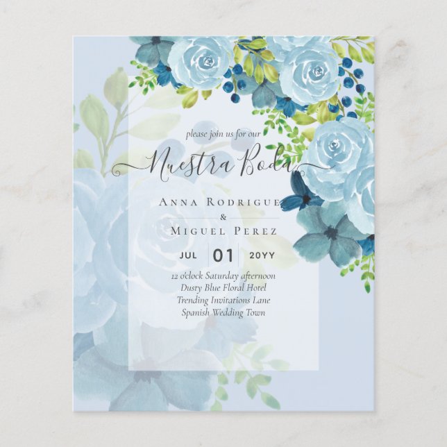 NUESTRA BODA Dusty Blue Floral BUDGET Flyer (Front)
