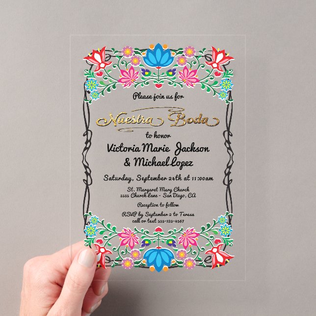 Nuestra Boda Folk Art Mexican Fiesta Party Acrylic Invitations (Insitu (Handheld))