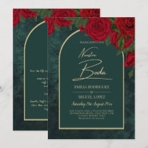 NUESTRA BODA Green Gold RED Roses INVITATION d'hiv