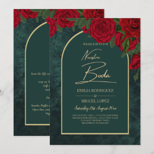 NUESTRA BODA Green Gold RED Roses Winter INVITE