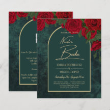 NUESTRA BODA Green Gold RED Roses Winter INVITE