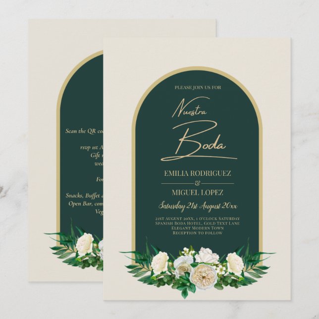 NUESTRA BODA Green Gold White Roses Winter INVITE (Front/Back)
