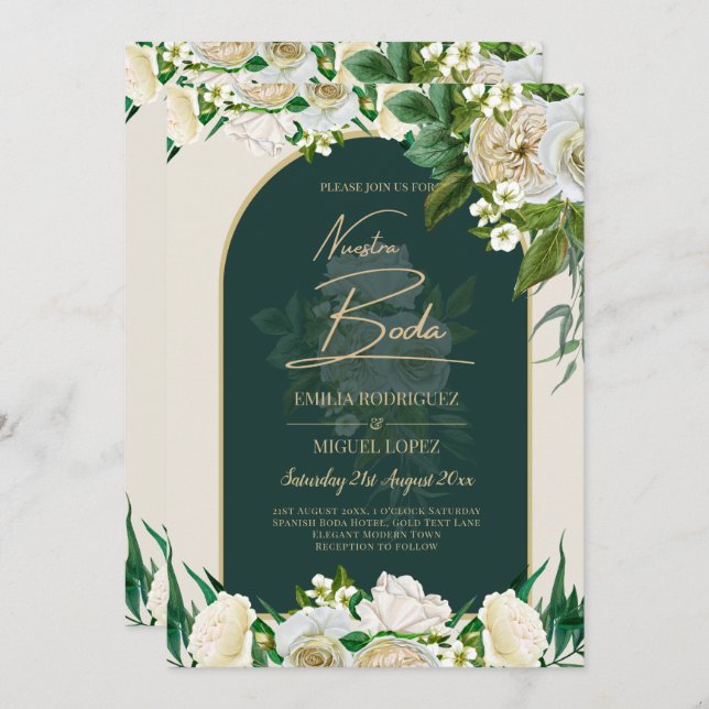 NUESTRA BODA Green Gold White Roses Winter INVITE (Front/Back)