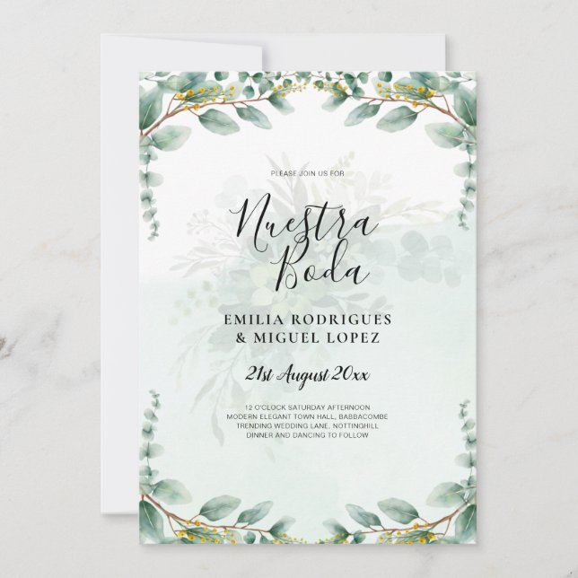 Nuestra Boda Greenery Gold Wedding Invtiations Invitation (Front)