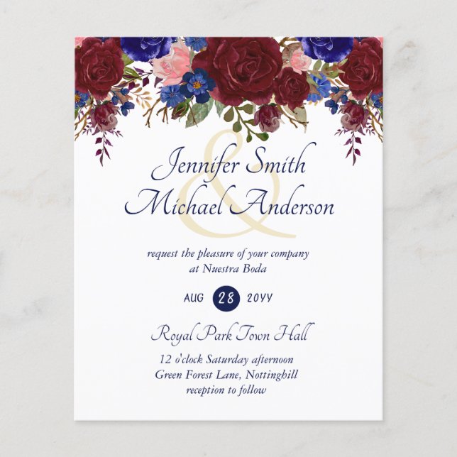 Nuestra Boda Invitacion Burgundy Blue Pink Wedding (Front)
