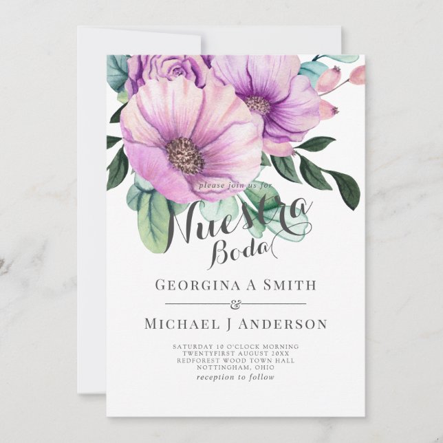 Nuestra Boda Modern Spanish Wedding Purple Flowers Invitation (Front)