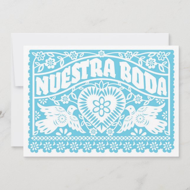 Nuestra Boda Papel Picado Love Birds Teal Invitation (Back)