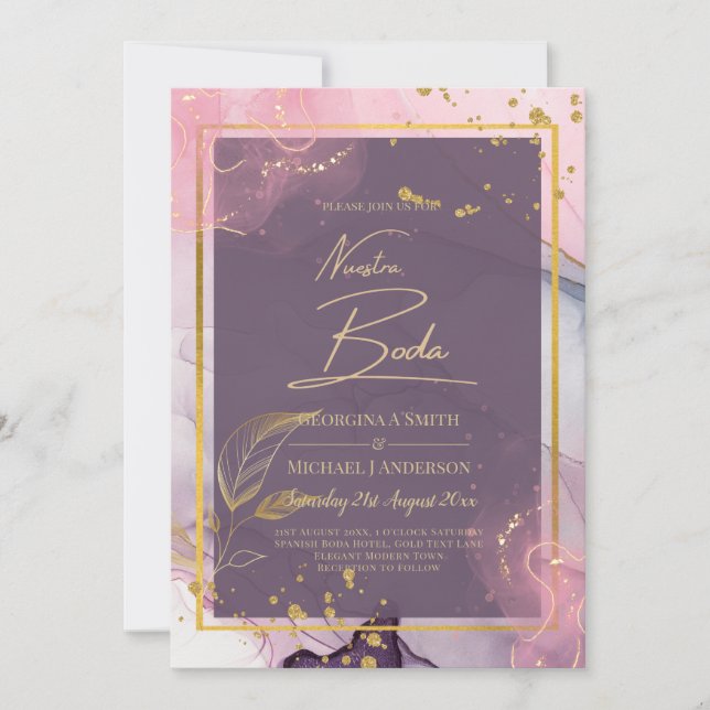 NUESTRA BODA Purple Pink Gold  Ink Wedding INVITE (Front)