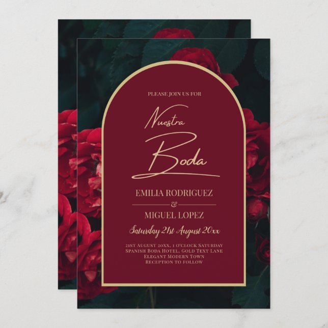 NUESTRA BODA Red Roses Forest Green INVITATION d'h (Devant / Derrière)