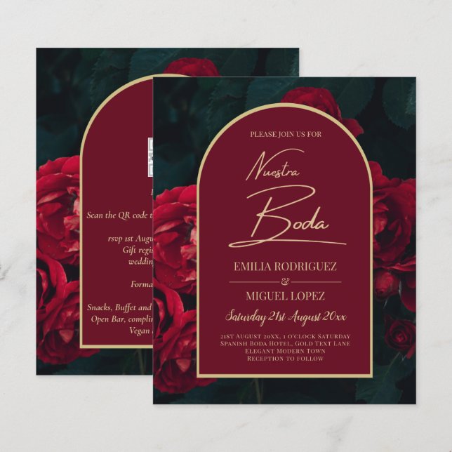 NUESTRA BODA Red Roses Forest Green Winter INVITE (Front/Back)