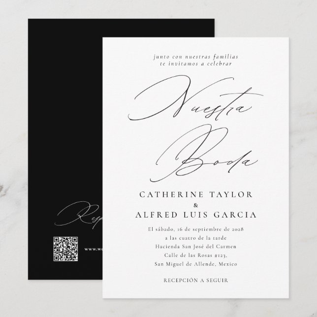 Nuestra Boda Spanish Black Script QR Code Wedding Invitation (Front/Back)