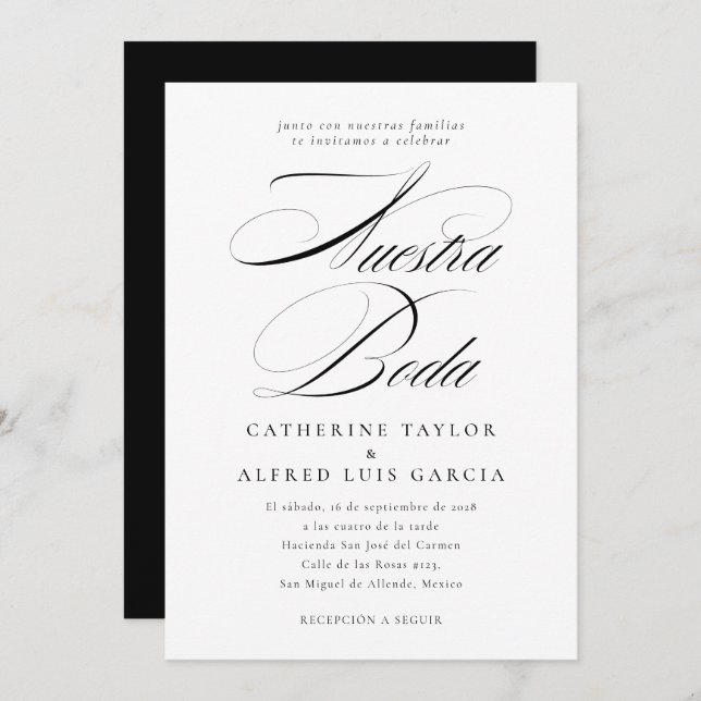 Nuestra Boda Spanish Language Black Script Wedding Invitation (Front/Back)