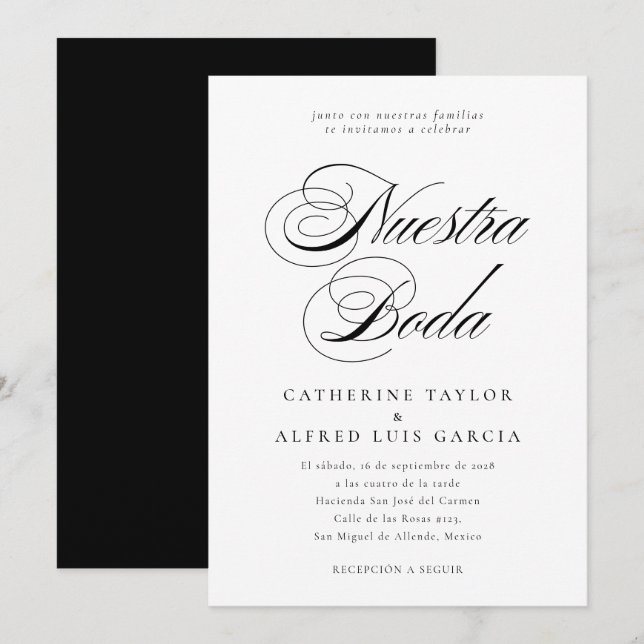Nuestra Boda Spanish Language Black Script Wedding Invitation (Front/Back)
