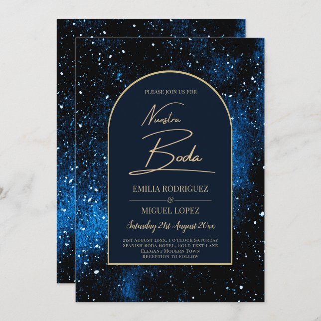 NUESTRA BODA Starry Night Navy Blue Gold INVITE (Front/Back)