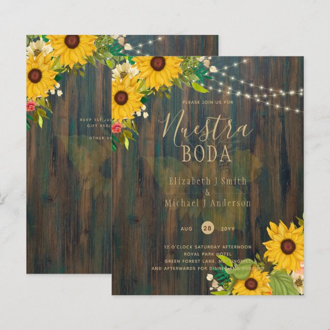 NUESTRA BODA Sunflowers Rustic Wood Wedding Invite (Front/Back)