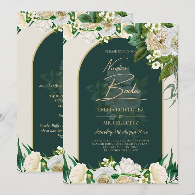 NUESTRA BODA Vert Or Blanc Roses INVITATION d'hive (Devant / Derrière)