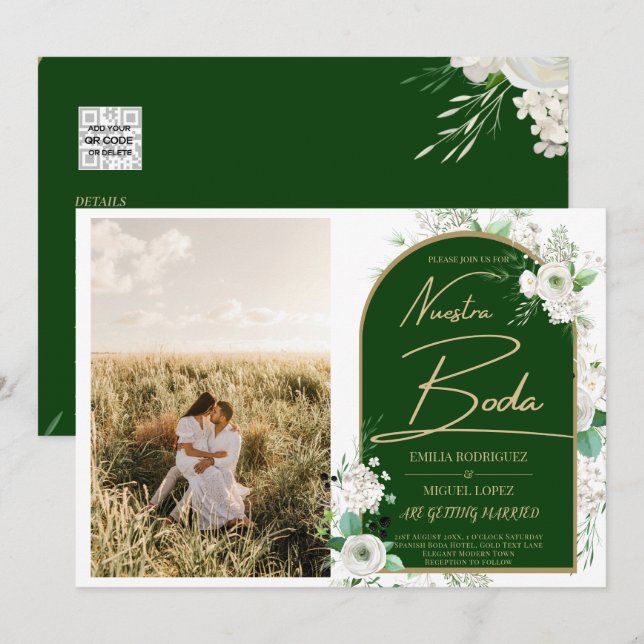 NUESTRA BODA White Roses Spanish Photo Invites (Front/Back)