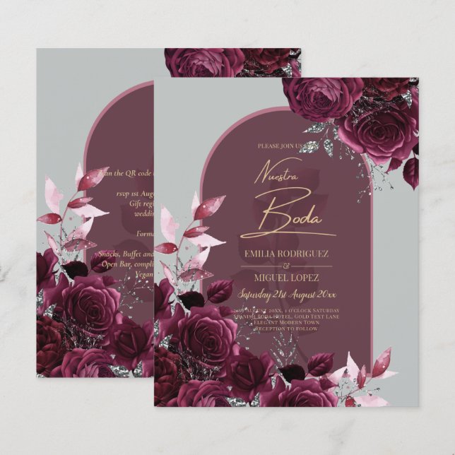 NUESTRA BODA Wine Red Roses INVITACIONS (Front/Back)