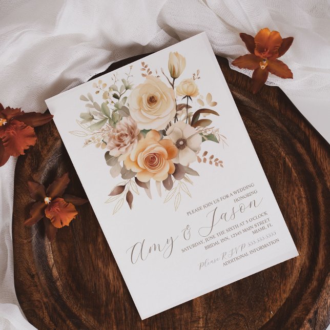 Nuetral Beige Floral Botanical Wedding Brown Invitation (Creator Uploaded)