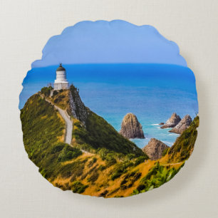 Nugget Point lighthouse, New Zealand Round Pillow