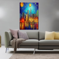 Nuit en ville au bord du lac | AI Art Poster