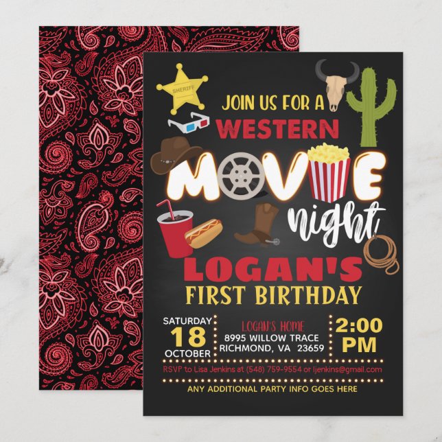 Nuit Western Movie Anniversaire Invitation (Devant / Derrière)